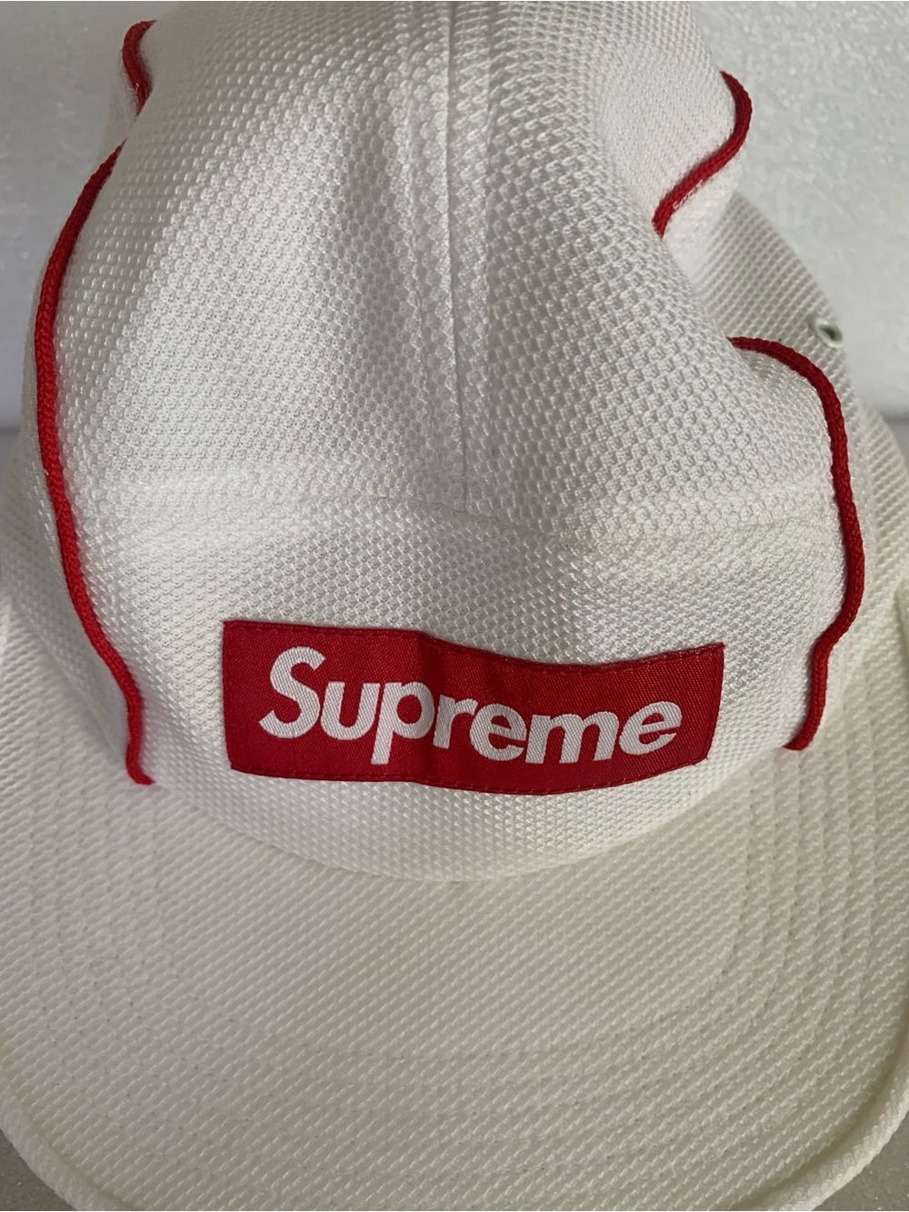 Supreme White Mesh Camp Cap with Red Box Logo and Piping